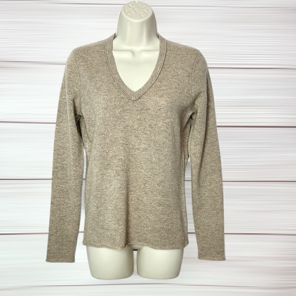 KEIRA Cashmere Sweater Tan V-Neck Pullover Lightweight Soft size S